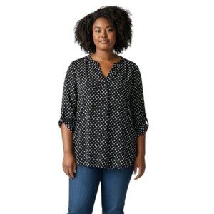 Chaus New York Long Sleeve Low V-neck Blouse-Size L-Roll Tab Sleeves-Blk/White